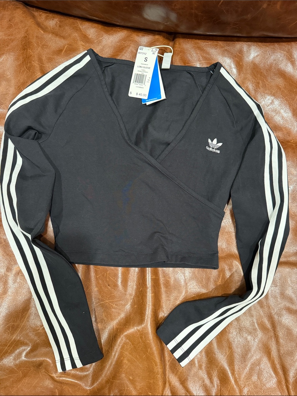 adidas Black Long-Sleeve Wrap Crop Top with White Three-Stripes